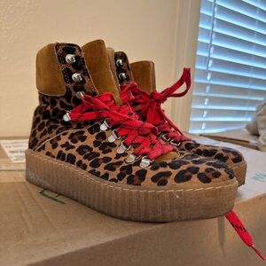 Leopard Print Lace-Up Platform Boots with Red Laces